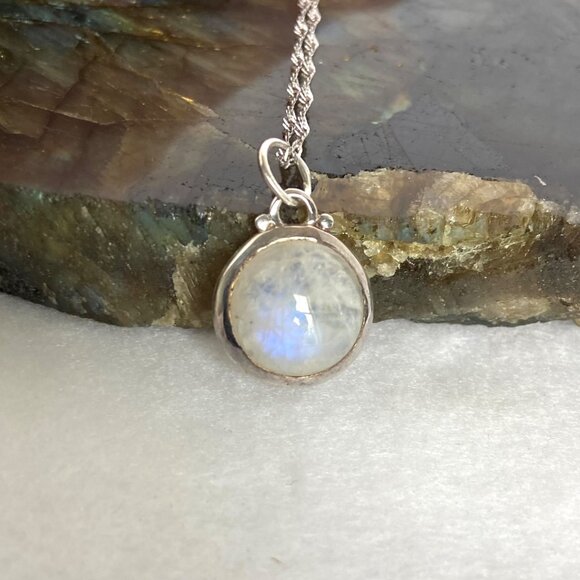 Sterling Silver 925 Baroni Round Moonstone Cabochon Pendant Necklace 18" Chain - Picture 6 of 16
